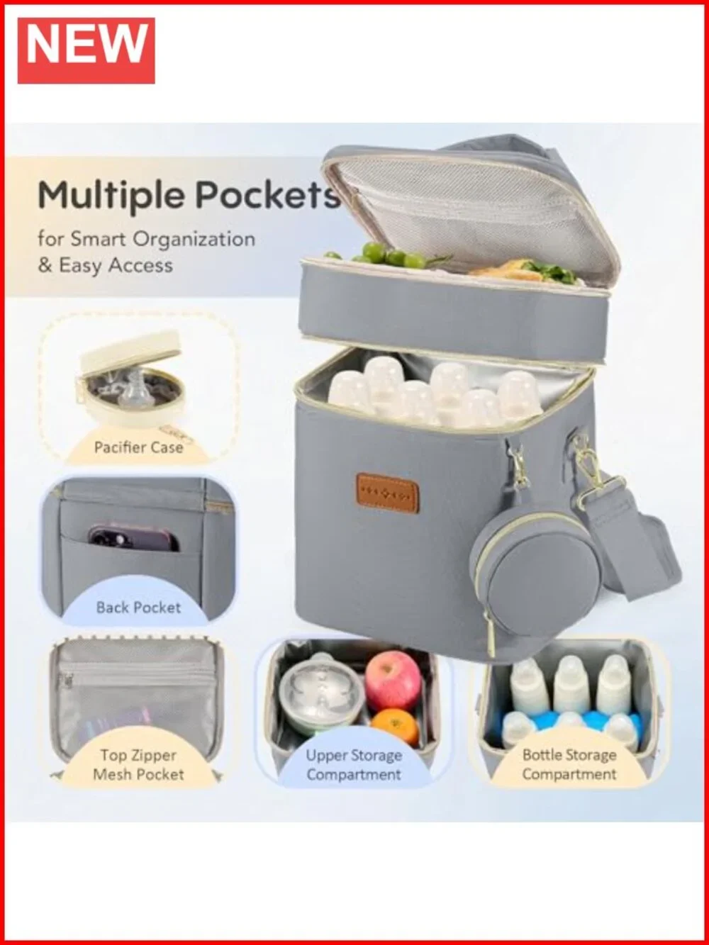 Insulated Breastmilk Cooler Bag Double Layer Fits 6 Bottles with Ice Pack
